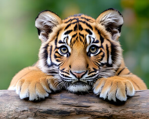 Cute Tiger Cub Resting on Log