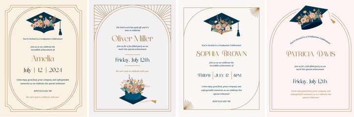 Collection of Art Deco Framed Graduation Party Invitations with Floral Graduation Caps