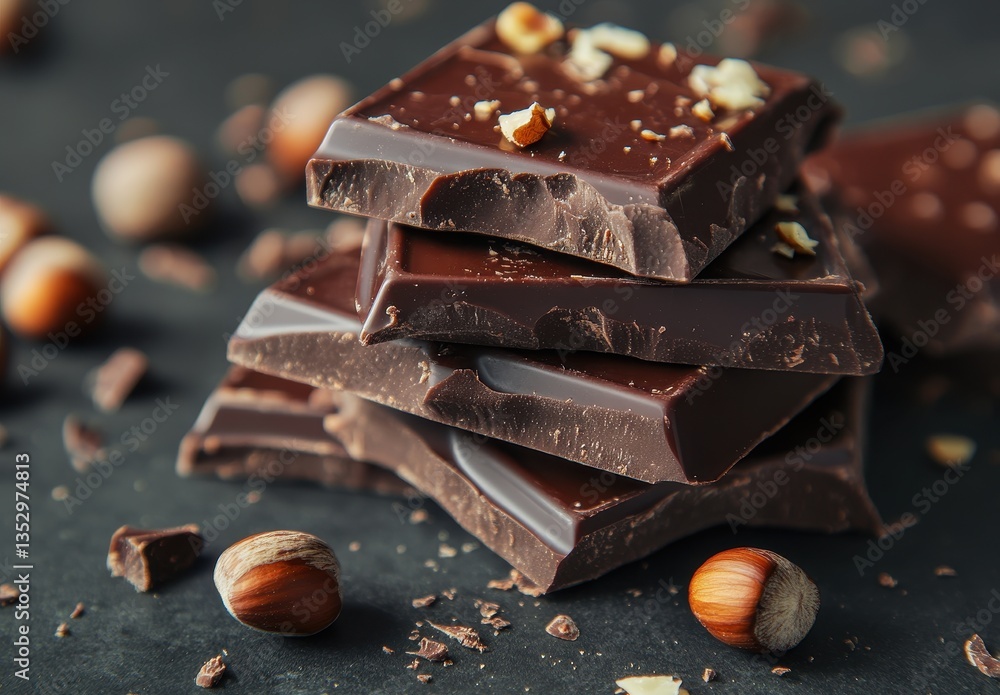 Poster close-up view of dark chocolate squares with hazelnuts on dark background ideal for culinary and foo