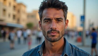 Obraz premium A striking young man stands confidently in the heart of Gaza, embodying strength amidst the bustling streets filled with people and local activity during the golden hour Generative AI