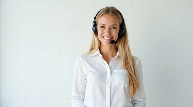 Smiling customer service representative with headset on white background