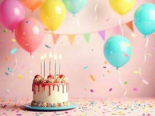 A birthday cake with five lit candles, surrounded by colorful balloons and confetti