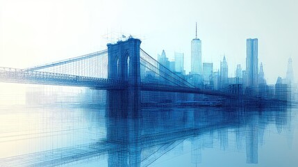 NYC skyline, Brooklyn Bridge sunrise, hazy water reflection, urban cityscape. Ideal for travel brochures