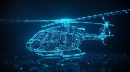 Glowing wireframe helicopter visualized through futuristic digital HUD interface image