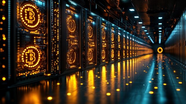 Server room with glowing bitcoin symbols, creating a digital future aesthetic