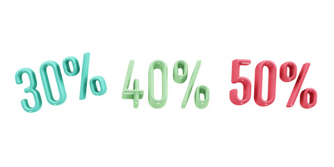 Bold and minimalistic 3D design the percentages "30%," "40%," and "50%" in blue, green, and pink