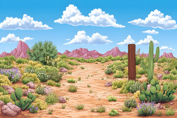 Desert path, mountains, cacti, sunny sky