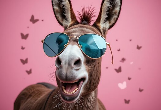A donkey wearing sunglasses against a pink background with butterflies