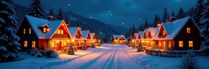 A beautifully decorated Christmas village scene at night, festive, lights