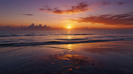 Obraz premium Serene Beach Sunset with Vibrant Orange and Purple Reflections