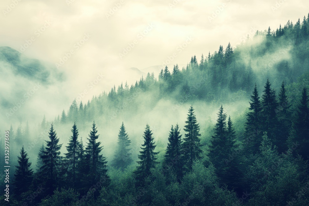 Poster misty pine forest on a mountain slope with visible fog and cloudy sky. use to add atmosphere to your