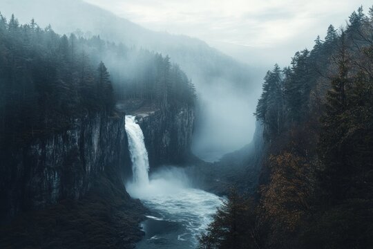 Majestic waterfall cascading down a forested mountain landscape in the mist