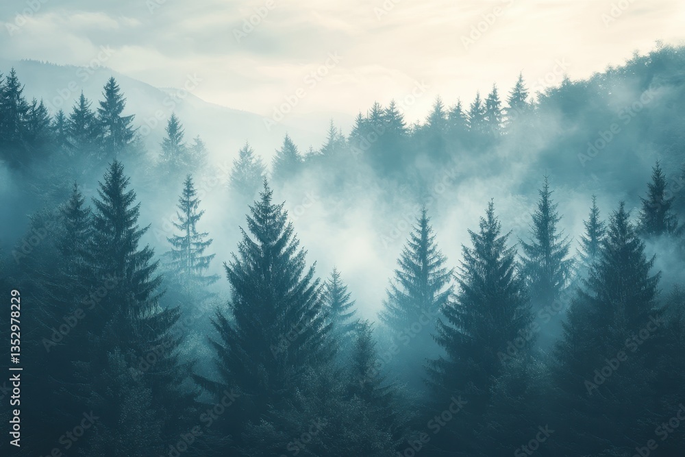 Poster fog hangs between the evergreen trees in the forest on the mountain. great for adding a moody or mys