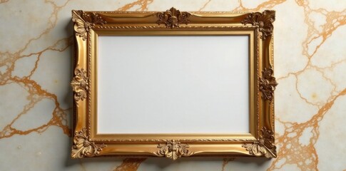 A golden picture frame set against a richly veined marble backdrop , elegant, ornamental