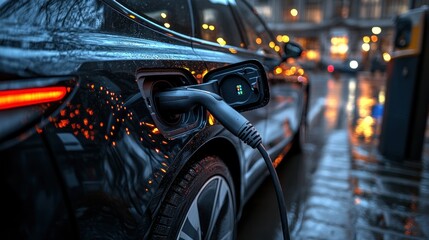 Electric Vehicle Charging at Night in the City