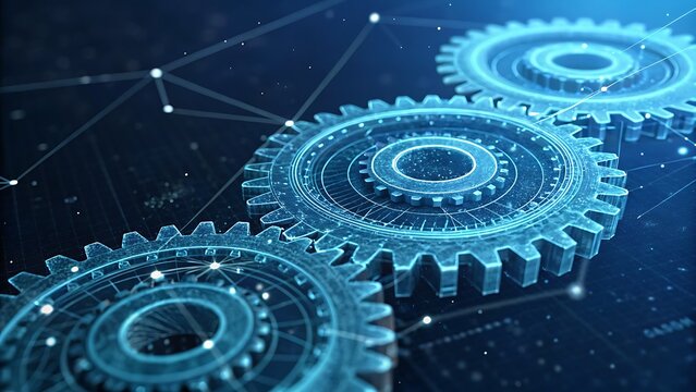 A close up of three blue gears connected by lines and dots on a dark background