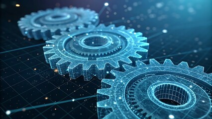 Three interconnected blue wireframe gears against a dark grid background with sparkles