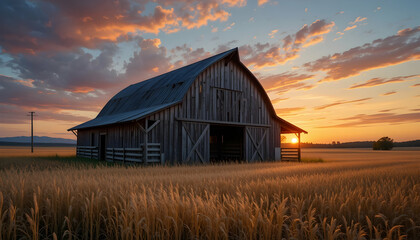 Obraz premium Rustic barn in golden wheat field at sunset evokes nostalgia and peaceful country living
