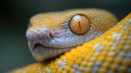 Fototapeta premium Extreme macro close-up of a vibrant yellow snake head showing detailed scales and a striking orange eye with a vertical pupil.