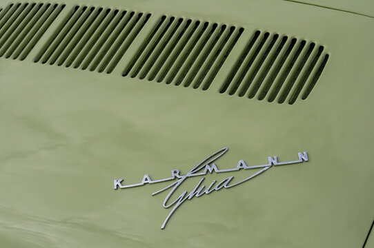 Punta del Este, Maldonado, Uruguay. November 17, 2012: Close-up of a green Volkswagen Karmann Ghia emblem at a car event.
