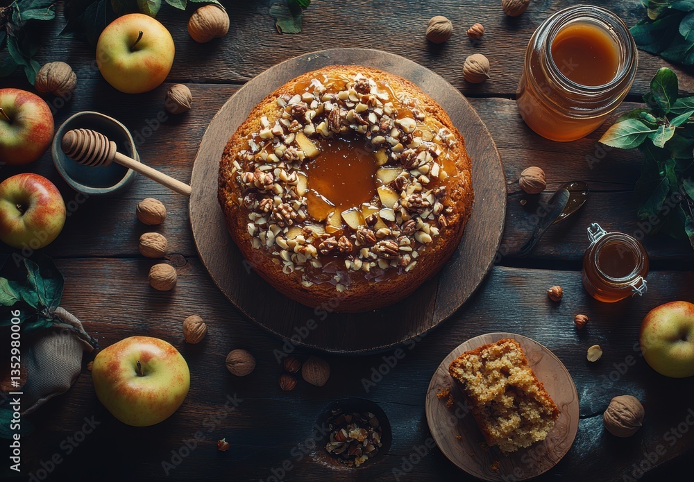 Poster cozy rustic apple cake with nuts and honey surrounded by fresh apples and walnut on wooden table for