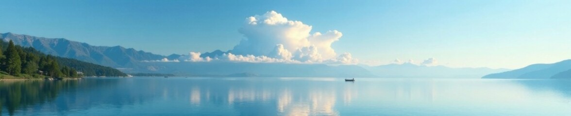 Obraz premium A wispy cloud forms above a serene lake on a clear sunny day, sunshine, reflection