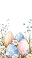 Fototapeta premium colorful easter eggs on green grass, vibant pastel colors, vertical transparent illustration with copy space