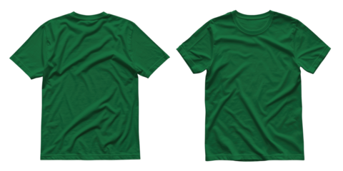 blank front and back green t shirt isolated on transparent background, short sleeve round neck tee mockup PNG, generative ai