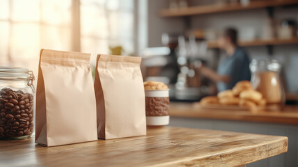 Fototapeta premium Two brown paper bags filled with coffee beans sit on a rustic wooden table while a barista prepares beverages in the background of a warm cafe environment