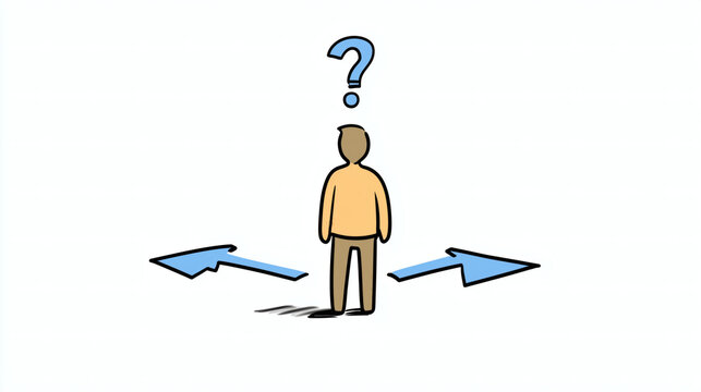 Ilustraci&oacute;n de persona indecisa con flechas y signo de interrogaci&oacute;n