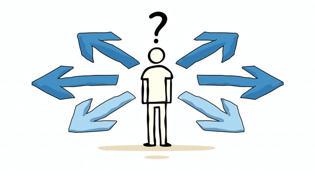 Ilustraci&oacute;n de persona indecisa con flechas y signo de interrogaci&oacute;n