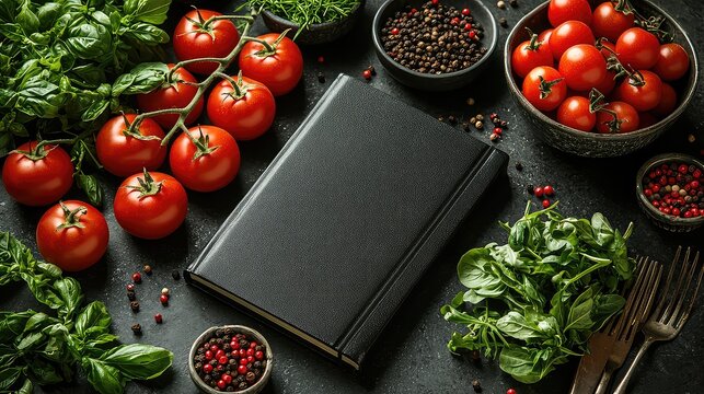 Cookbook mockup with tomatoes, basil, and peppercorns on dark background; recipe inspiration