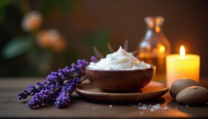Fototapeta premium Aromas of lavender and vanilla waft through the air as warm candlelight illuminates a peaceful face mask station, calming environment, relaxing ambiance, serenity