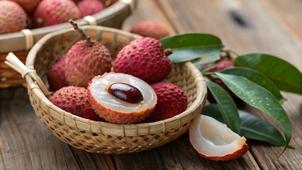 A close up of lychee fruits in a woven basket on a wooden surface with some leaves