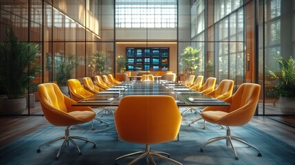 Modern Conference Room Interior Design: Sunlit Office Space with Yellow Chairs and a Large Screen