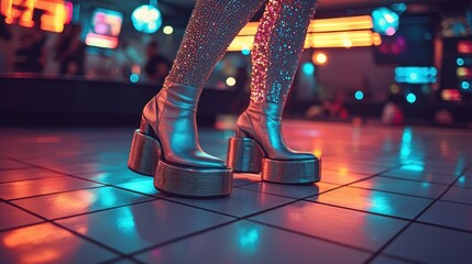 Silver platform boots on tiled floor in retro lighted room, 70s aesthetic