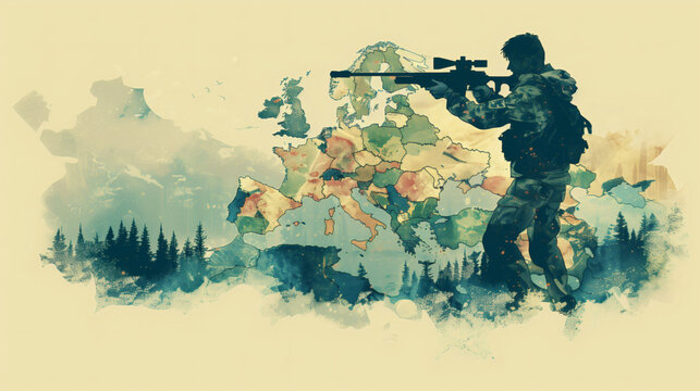 Ilustraci&oacute;n de soldado apuntando sobre mapa de Europa en acuarela