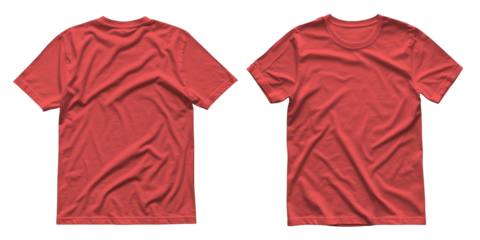 blank front and back red t shirt isolated on transparent background, short sleeve round neck tee mockup PNG, generative ai