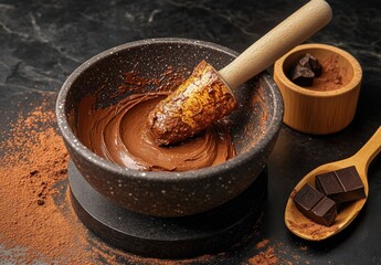 Creamy Chocolate Mixture in Stone Bowl with Wooden Pestle, Cocoa Powder, Chocolate Cubes, and Serving Spoon on Black Marble Surface