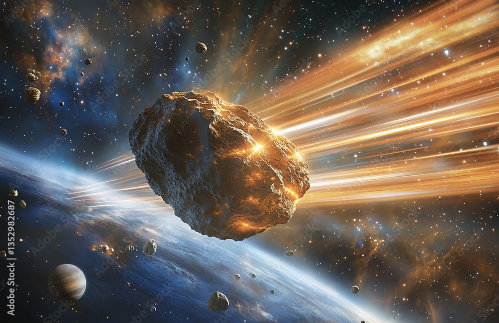 Wall mural asteroid hurtling through space with glowing trails and distant planets in stunning cosmic display