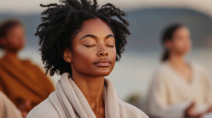 Individuals are seated in a serene outdoor setting by the water, engaging in meditation as the sun sets, promoting relaxation and mindfulness in nature