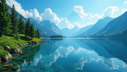 Blueprint-like pattern over a serene lake landscape, serene, reflection, blue