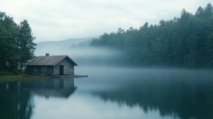 Fototapeta premium Misty Morning at the Lakeside Cabin: A Serene Escape