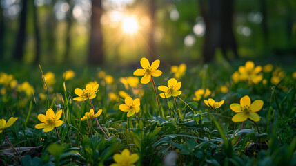 Obraz premium Yellow Flowers Blooming In Lush Green Grass Field With Sunrise Background Lighting And Lens Flare