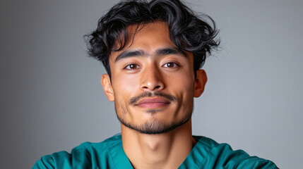 Obraz premium A healthcare worker in green scrubs stands with arms crossed, smiling warmly. The individual exudes confidence and professionalism in a simple indoor setting