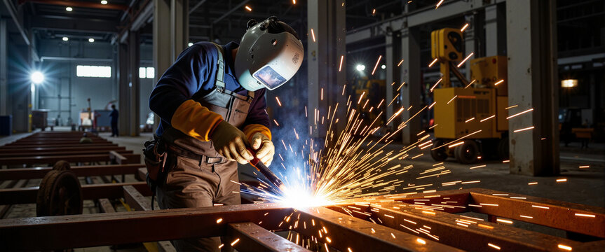 Ironworker welding metal beams at construction site, industrial artistry