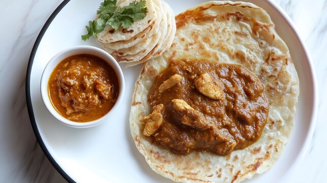 Top view of malabar parotta Layered Flatbread served a side of spicy chicken curry and a small bowl of coconut chutney