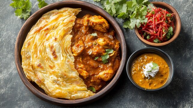Top view of malabar parotta Layered Flatbread served a side of spicy chicken curry and a small bowl of coconut chutney