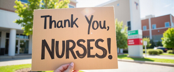 Grateful sign thanking nurses outside hospital, appreciation gesture