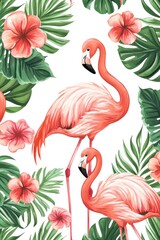 Two pink flamingos with tropical flowers and foliage on white background